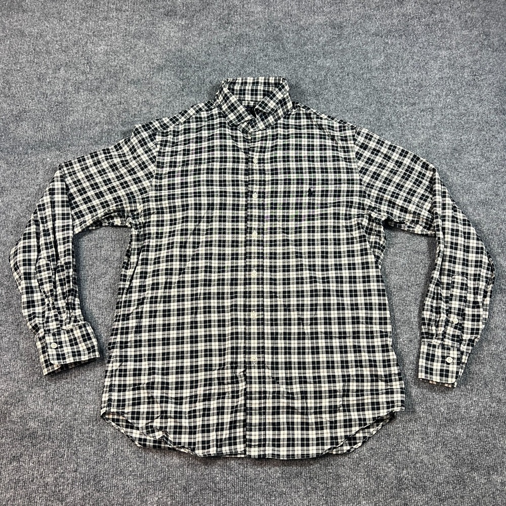 Polo Ralph Lauren Shirt Mens Large Black White Plaid Cotton Slim Fit Button Up